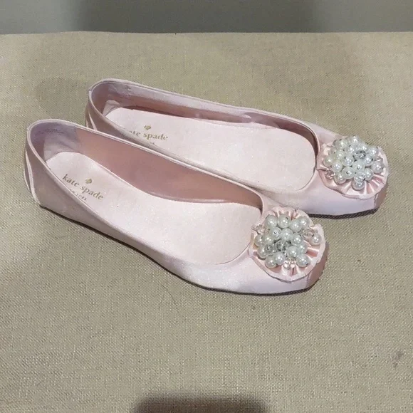 Kate Spade Pink Satin Embellished Women's Ballet Flats With Pearls, 9m - Picture 7 of 10